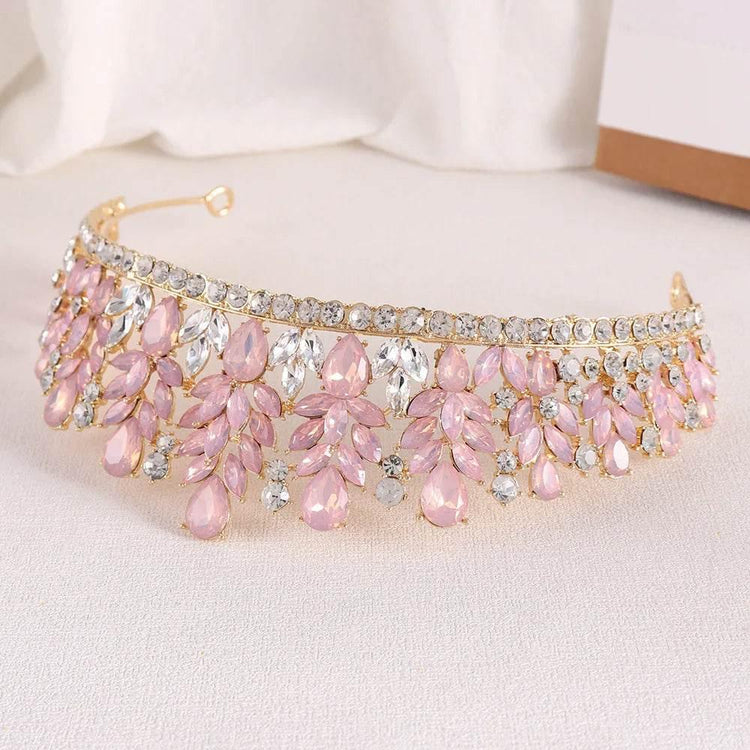 Baroque Green Pink Opal Wedding Headband Crystal Bridal Crown Tiara Hair Jewelry Accessories Women Rhinestone Royal Queen Diadem - GiFTiFY