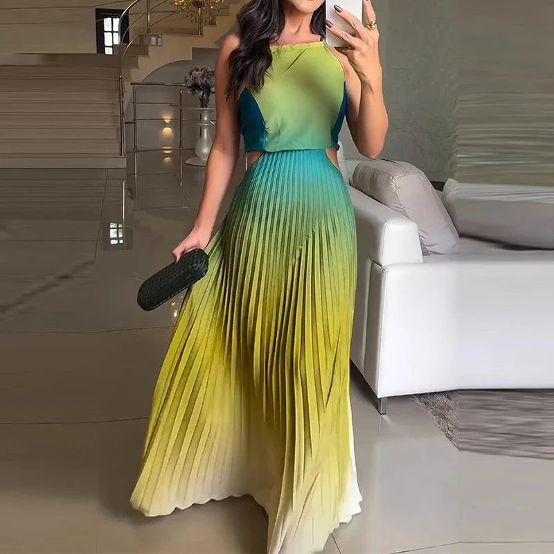 Women O-neck Lace Up Backless Holiday Dress Elegant High Waist Loose Party Dresses  New Gradient Printed Pleated Long Dress DSERS