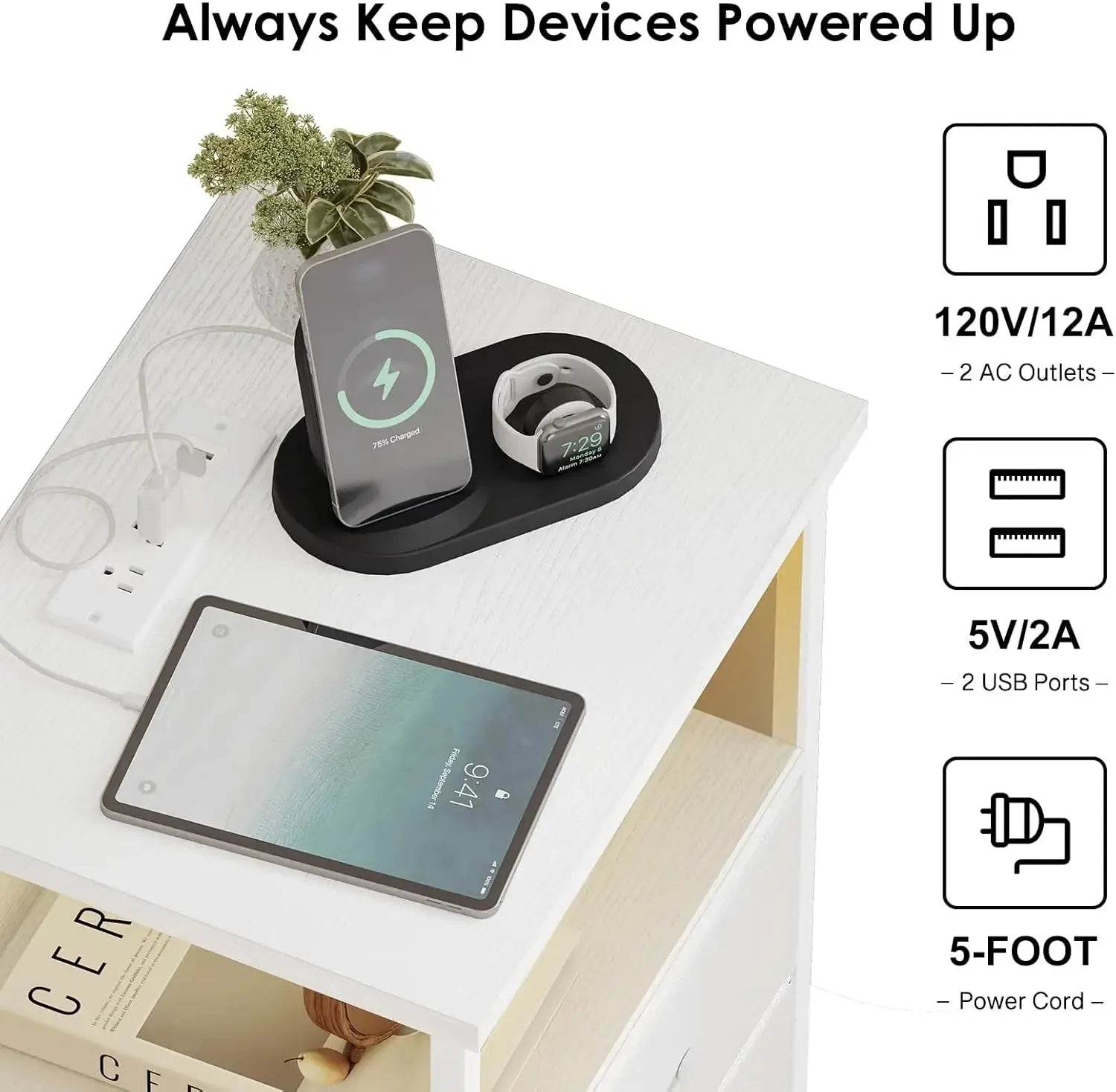 Nightstand Set of 2 Night Stand with Charging Station, LED Nightstand with Fabric Drawers, End Table with PU Finish, Bed Side Table - GiFTiFY