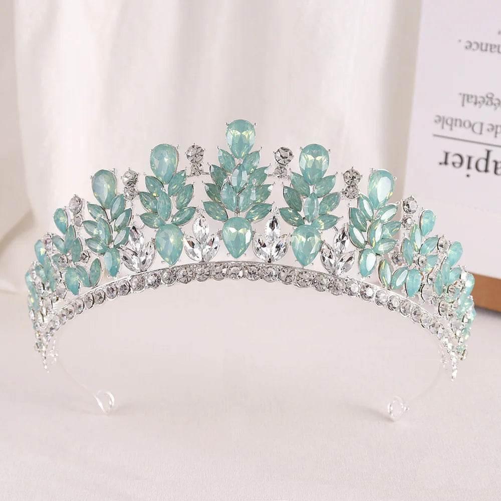 Baroque Green Pink Opal Wedding Headband Crystal Bridal Crown Tiara Hair Jewelry Accessories Women Rhinestone Royal Queen Diadem - GiFTiFY