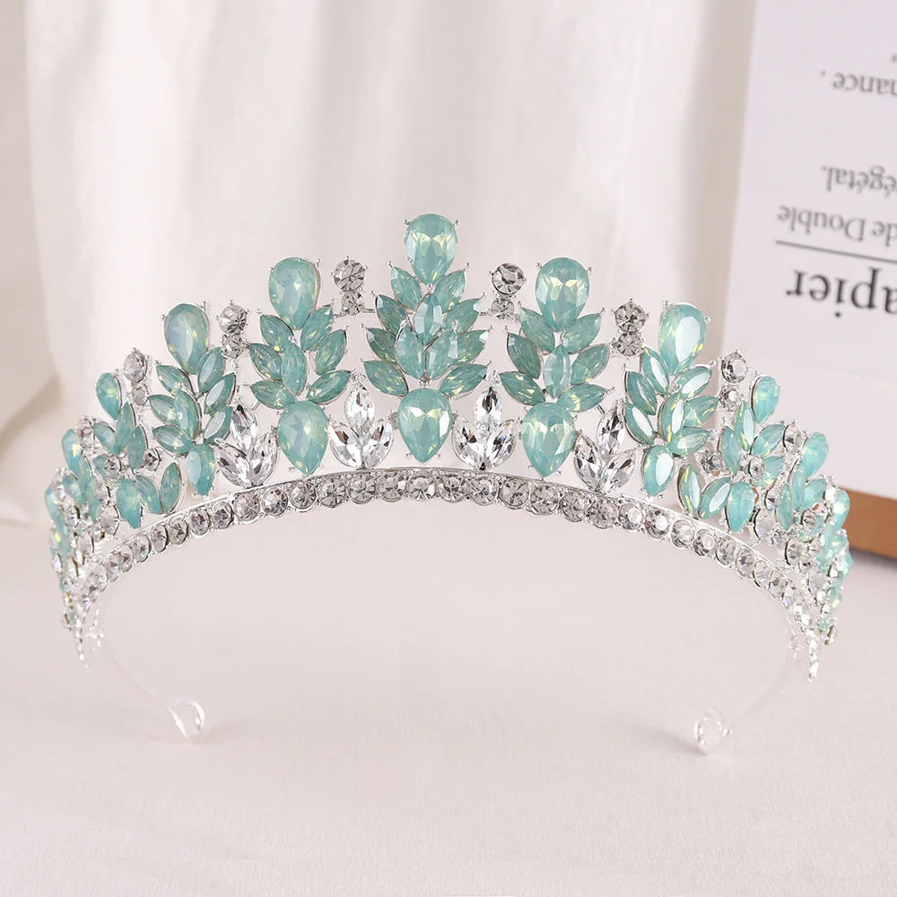 Baroque Green Pink Opal Wedding Headband Crystal Bridal Crown Tiara Hair Jewelry Accessories Women Rhinestone Royal Queen Diadem DSERS
