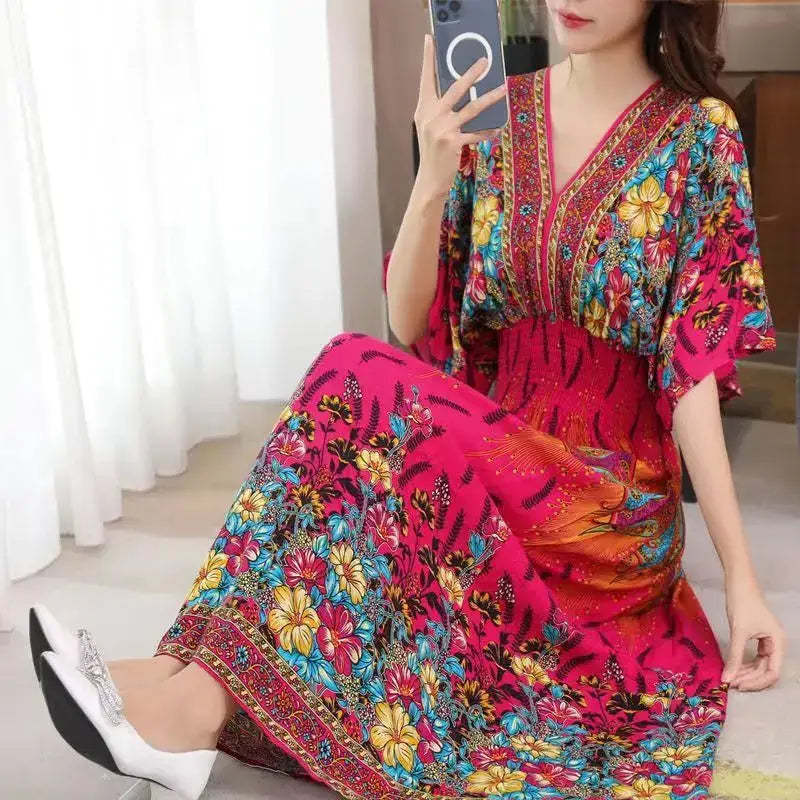 Green Printed Summer Long Maxi Dress