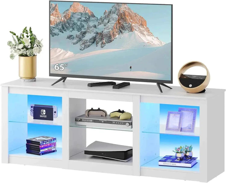 LED TV Stand for 65-Inch TV, 58-Inch Entertainment Center with Adjustable Glass Shelves, Modern Media Console for Living - GiFTiFY