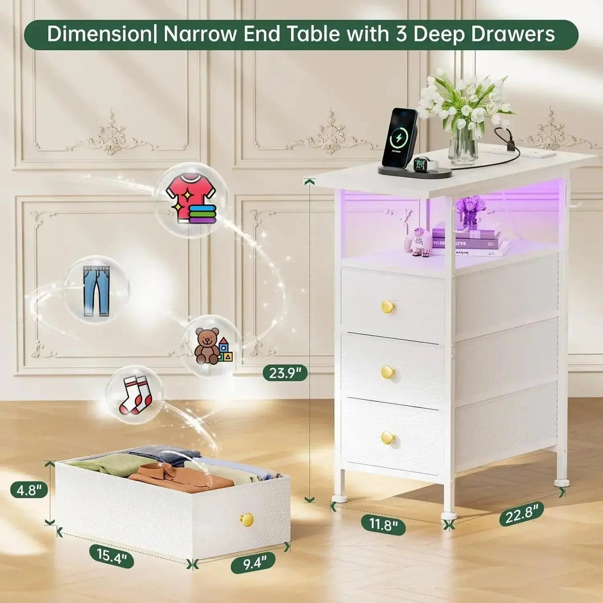 End Table with Charging Station, Narrow Side Table with 3 Fabric Drawers and Shelf, Skinny Nightstand with LED Light, Slim Table Nightstands by DSERS