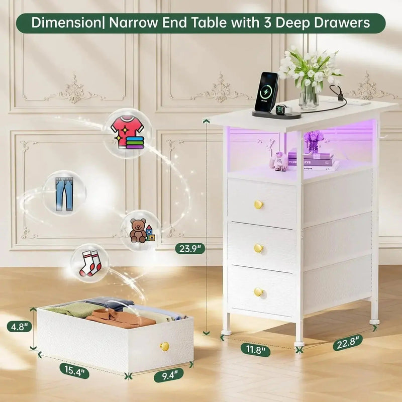 End Table with Charging Station, Narrow Side Table with 3 Fabric Drawers and Shelf, Skinny Nightstand with LED Light, Slim Table Nightstands by DSERS