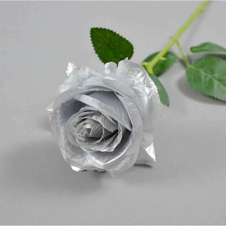 10/1 Heads Golden Silver Rose Artificial Flower DIY Wedding Floral Arrangement Material Silk Bridal Bouquet Photo Prop Home Deco
