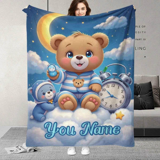 Customized personalized name blanket, printed portable, goodnight bear cartoon, party, birthday, daughter or son gift,sofa，soft - GiFTiFY