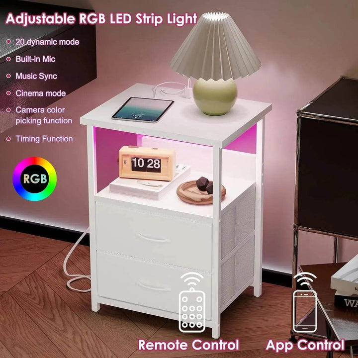Nightstand Set of 2 Night Stand with Charging Station, LED Nightstand with Fabric Drawers, End Table with PU Finish, Bed Side Table - GiFTiFY