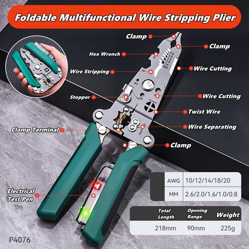 Multifunctional Wire Stripper with Electrical Test Pen Foldable Cable Cutter Crimper Tool, Electrical Folding Pliers for Cutting GiFTiFY