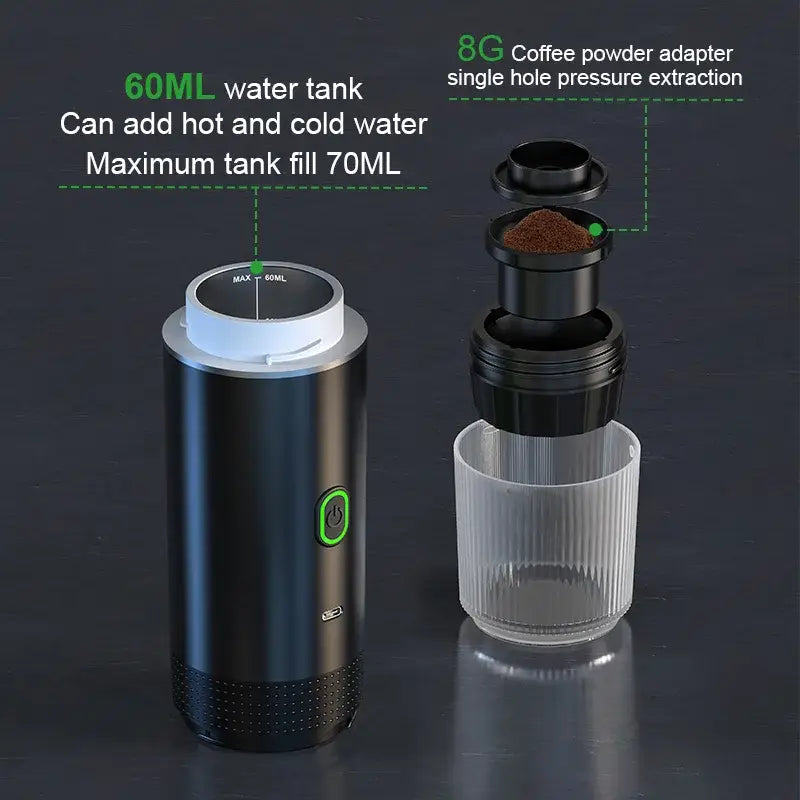 Wireless Electric Portable Espresso Coffee Machine for Car & Home Camping Coffee Maker 3-in-1 Capsule Powder Travel