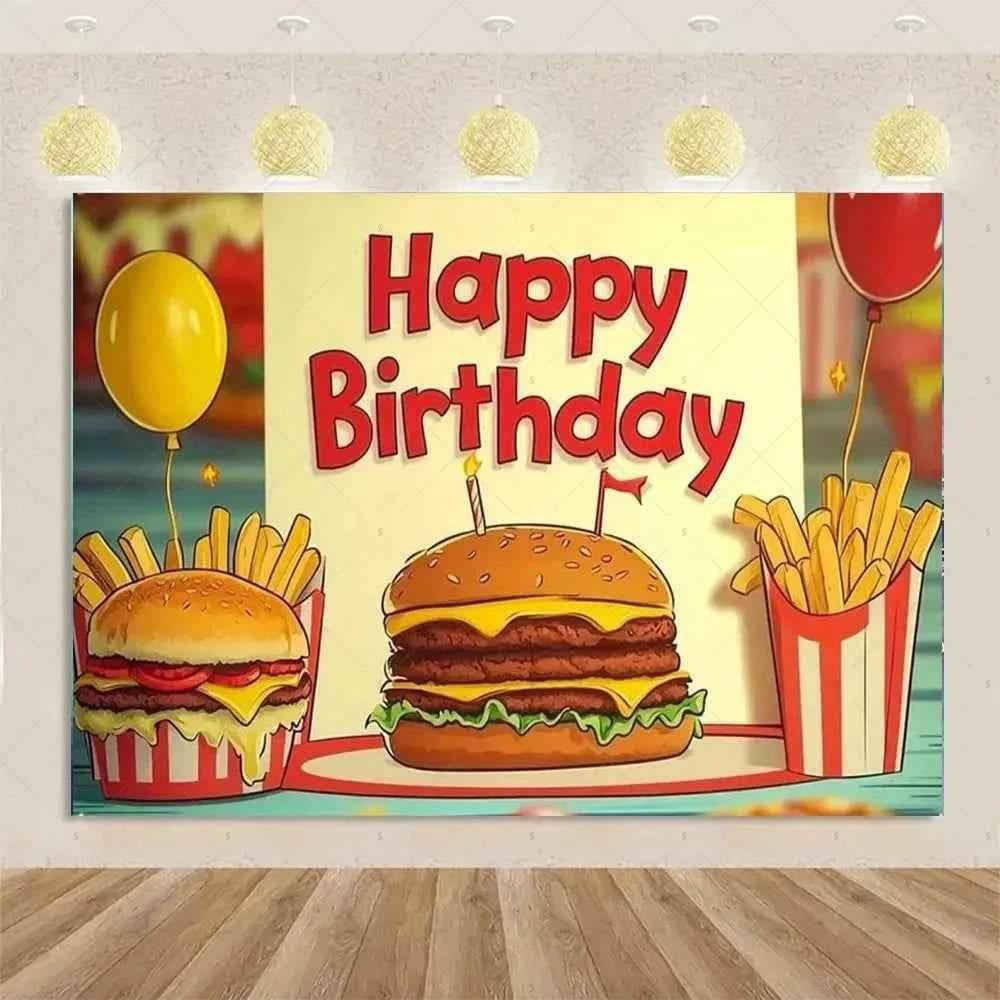 Quick Food Theme Birthday Party Decoration Hamburger French Fries Pizza Background Banner Photography Backdrop Supplies Kid Gift - GiFTiFY