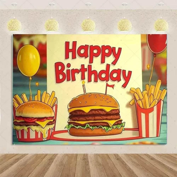 Quick Food Theme Birthday Party Decoration Hamburger French Fries Pizza Background Banner Photography Backdrop Supplies Kid Gift - GiFTiFY