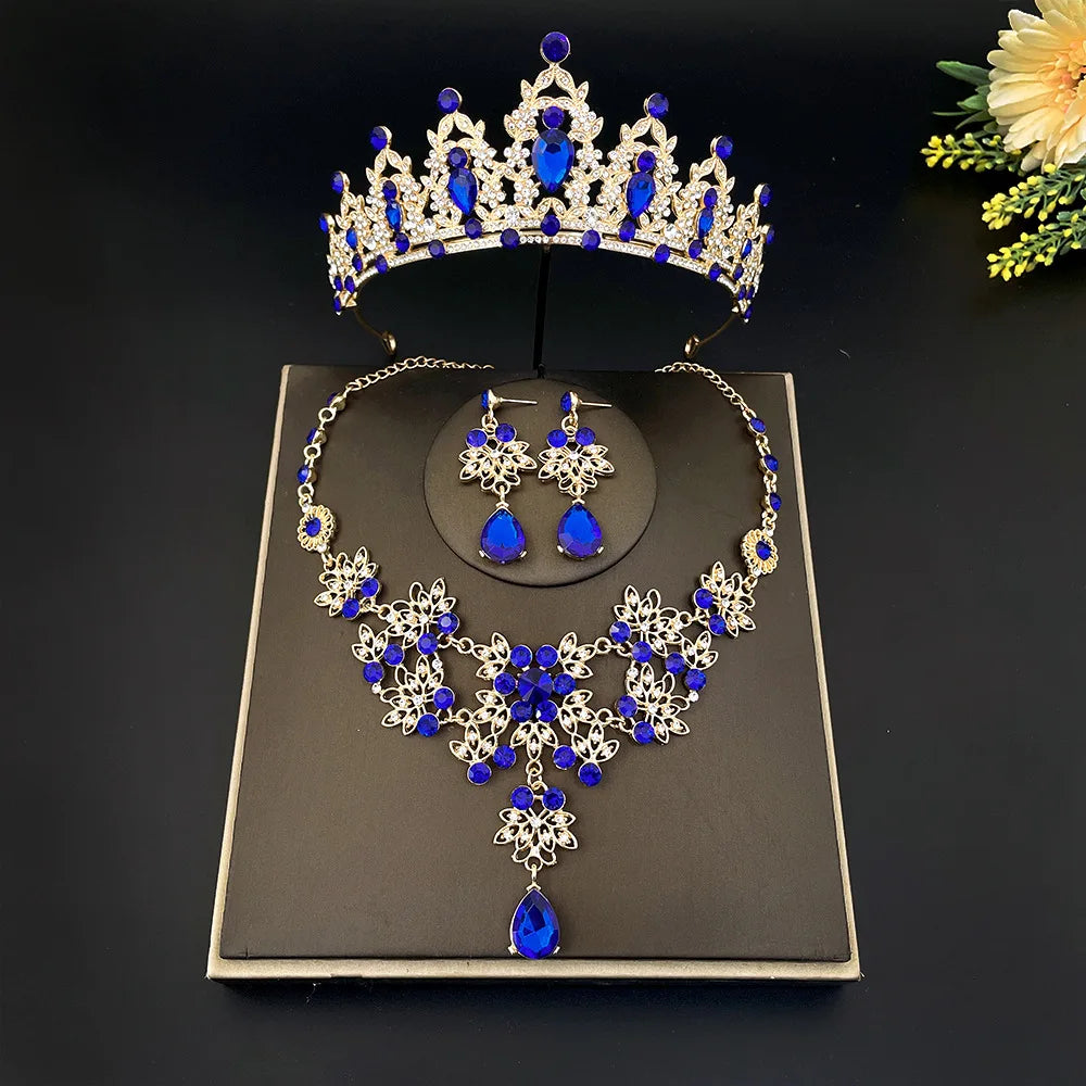 Gorgeous Pink Crystal Tiaras Bridal Jewelry Sets for Women Crown Flowers Choker Necklace Sets Wedding Bride Costume Jewelry Set GiFTiFY