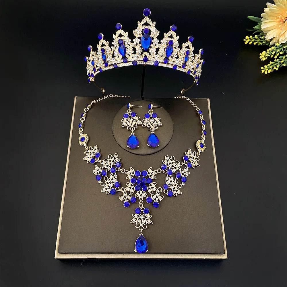 Gorgeous Pink Crystal Tiaras Bridal Jewelry Sets for Women Crown Flowers Choker Necklace Sets Wedding Bride Costume Jewelry Set Tiaras by DSERS