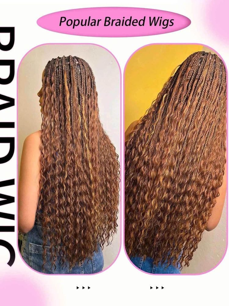 Synthetic Blonde Goddess Boho Box Braided Wigs For Women Braided Full Lace Wig With Curly Hair Ends Big Part Knotless Box Braids - GiFTiFY