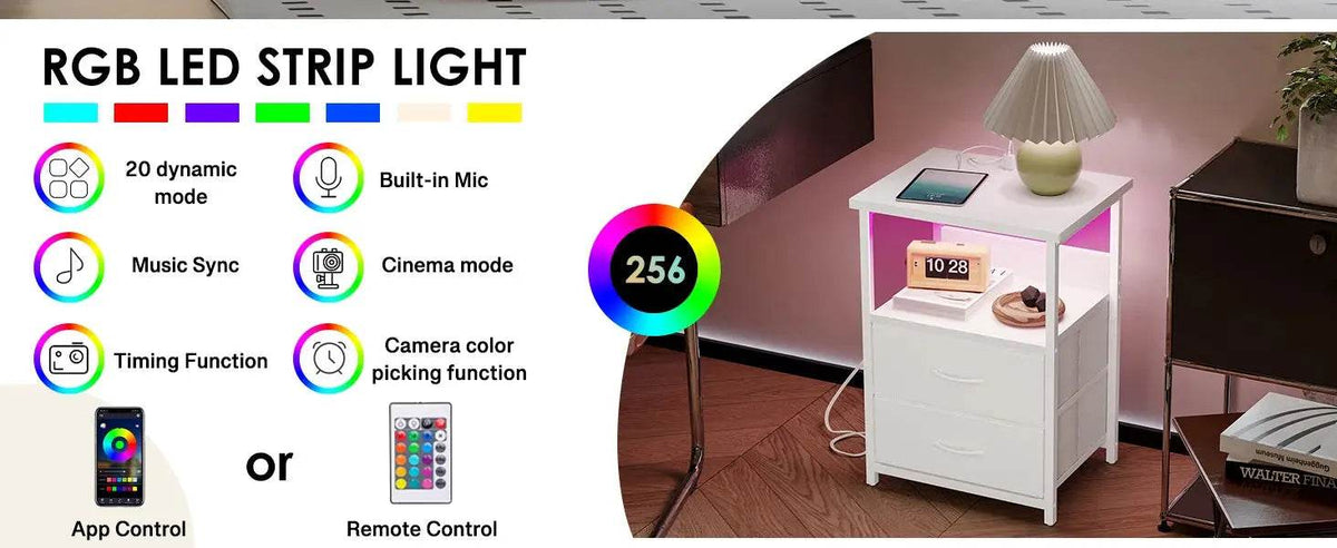 Nightstand Set of 2 Night Stand with Charging Station, LED Nightstand with Fabric Drawers, End Table with PU Finish, Bed Side Table Nightstands by DSERS