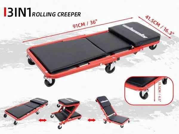3-in-1 Rolling Mechanic Creeper Z Seat, Foldable Garage Chair Lay Down Sit Lean Back, Under Car Shop Auto Repair, Red Black - GiFTiFY
