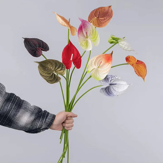 10Pc/lot PU Artificial Flowers Anthurium Bridal Bouquet Wedding Decoration Fake Palm Flowers Home Party Table Floral Arrangement