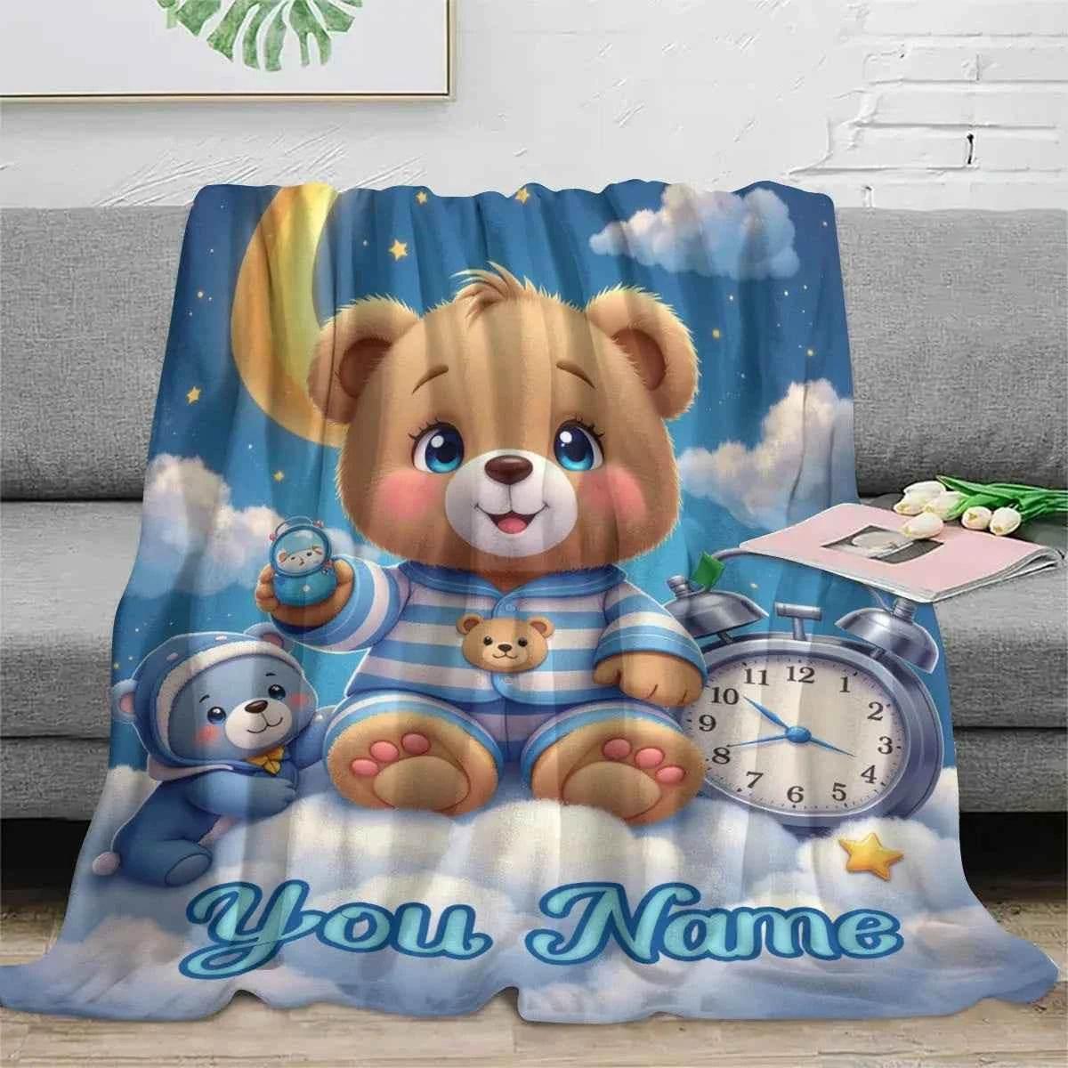 Customized personalized name blanket, printed portable, goodnight bear cartoon, party, birthday, daughter or son gift,sofa，soft - GiFTiFY