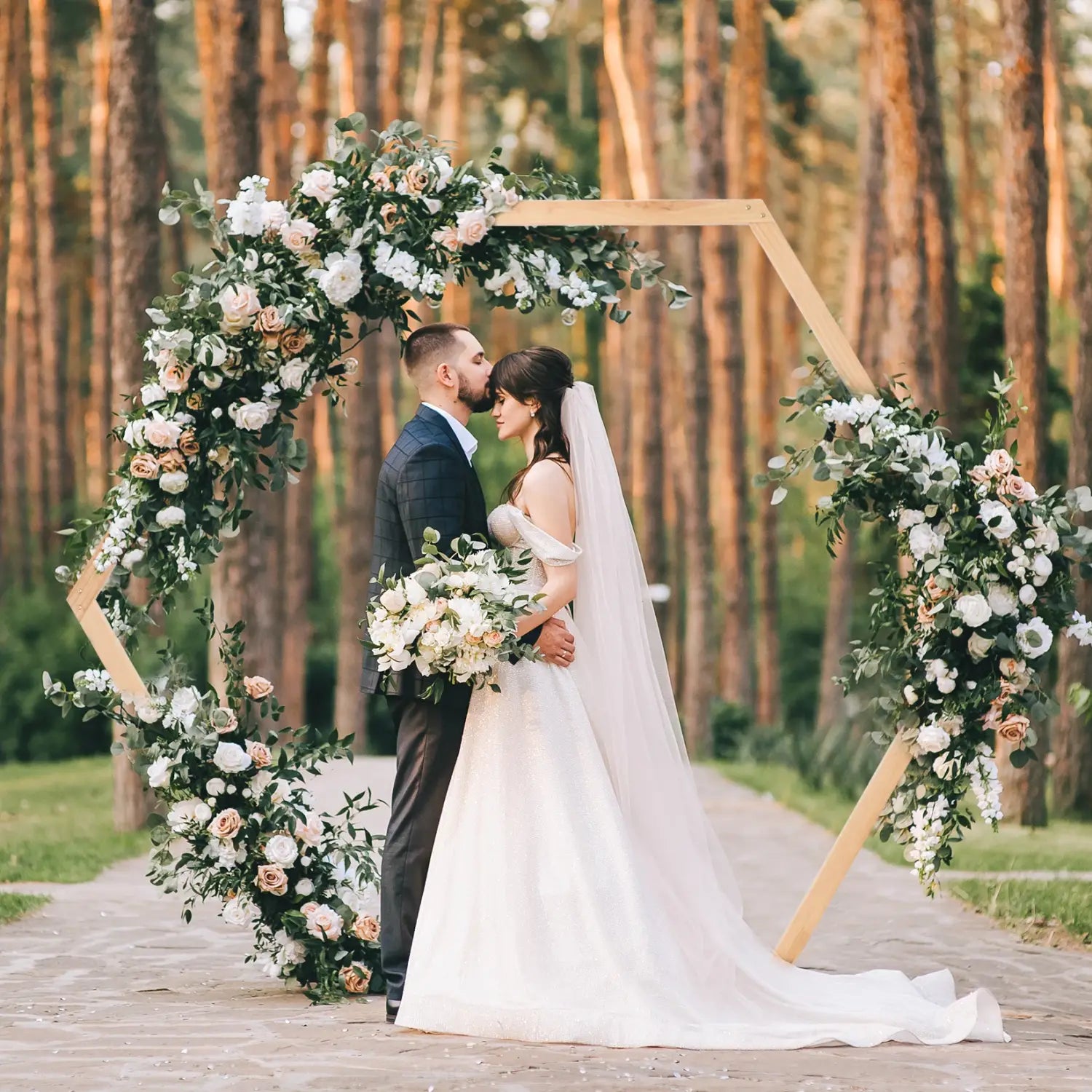 Hexagonal Wooden Wedding Arch with Floral Decorations