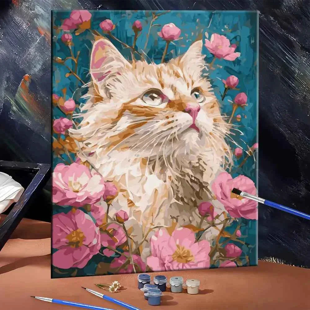 DIY Digital Oil Painting Cat Flower Paint By Numbers Animal Kitten Handpainted Acrylic Paint On Canvas Home Bedroom Wall Artwork