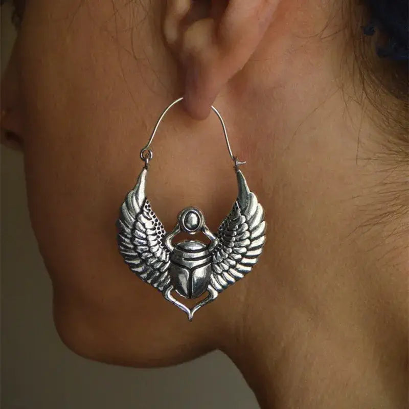 Vintage Egyptian Inspired Designs Sacred Wings Scarab Large Hoops Earrings Gypsy Tribal Women Gold Color Earrings Party