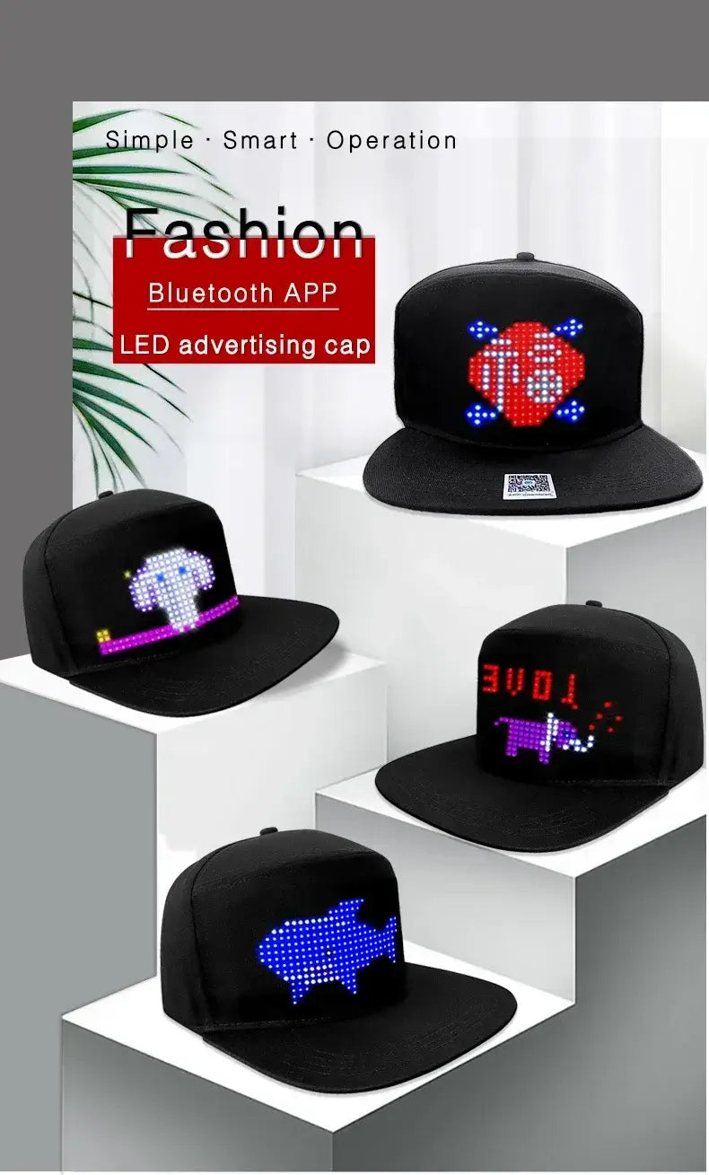 Two Black LED Message Display Baseball Cap USB Rechargeable