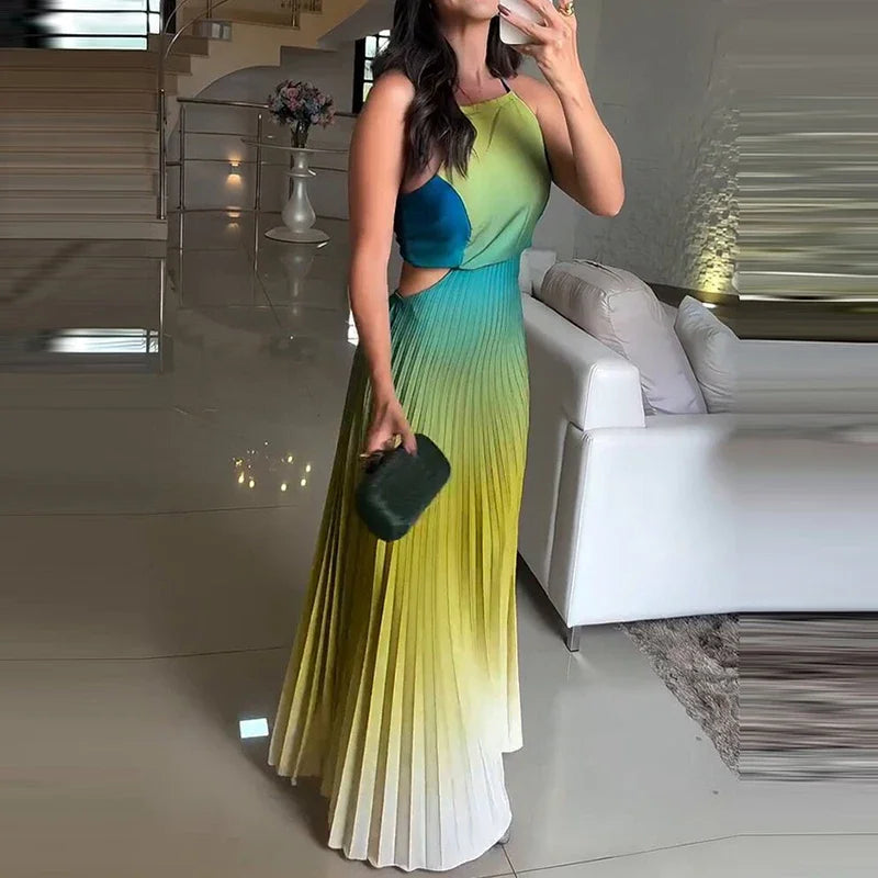 Women O-neck Lace Up Backless Holiday Dress Elegant High Waist Loose Party Dresses  New Gradient Printed Pleated Long Dress DSERS