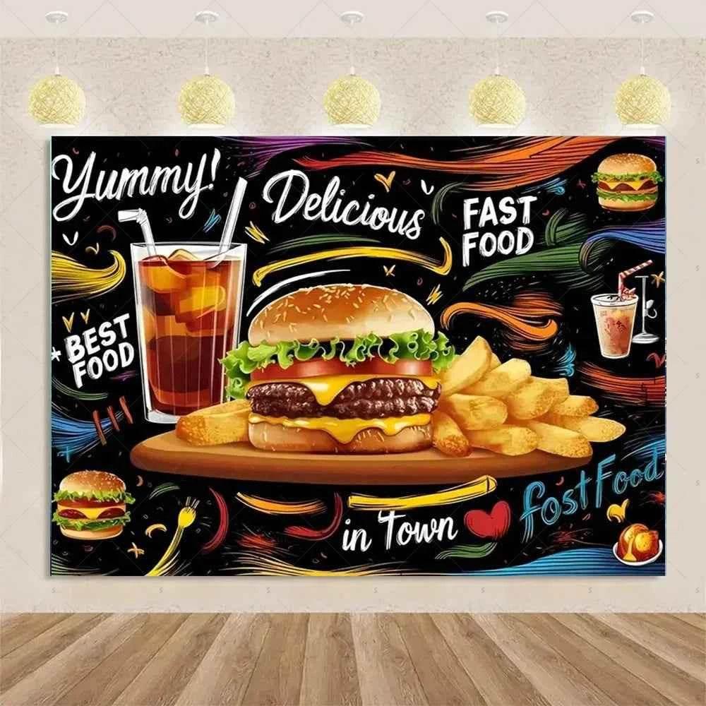 Quick Food Theme Birthday Party Decoration Hamburger French Fries Pizza Background Banner Photography Backdrop Supplies Kid Gift - GiFTiFY