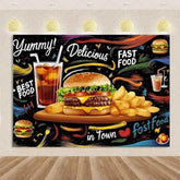 Quick Food Theme Birthday Party Decoration Hamburger French Fries Pizza Background Banner Photography Backdrop Supplies Kid Gift - GiFTiFY