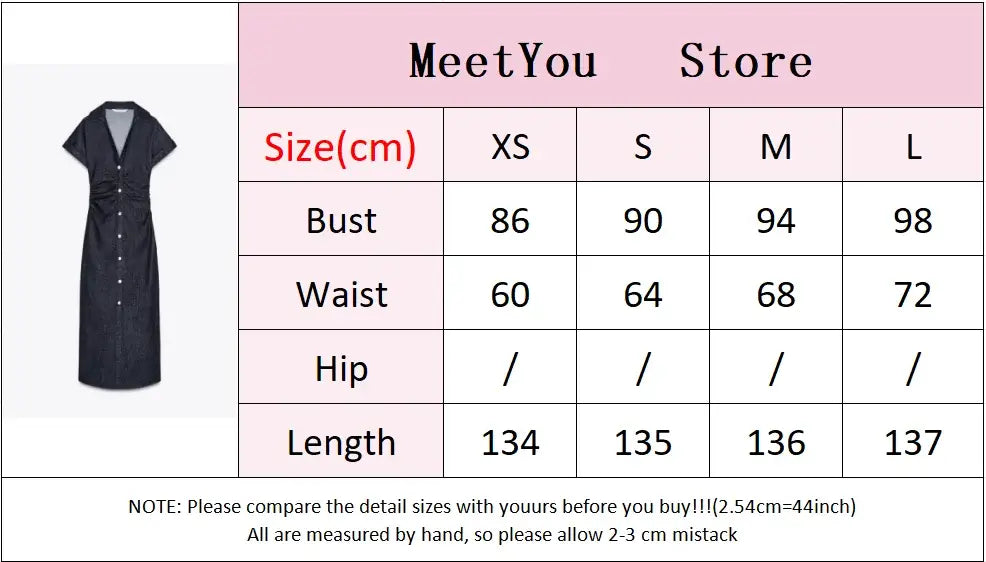 Women Denim V-neck Short Sleeved Long Dress Chic Slim Fit Single Breast Slit Vestidos New High Street Casual Solid