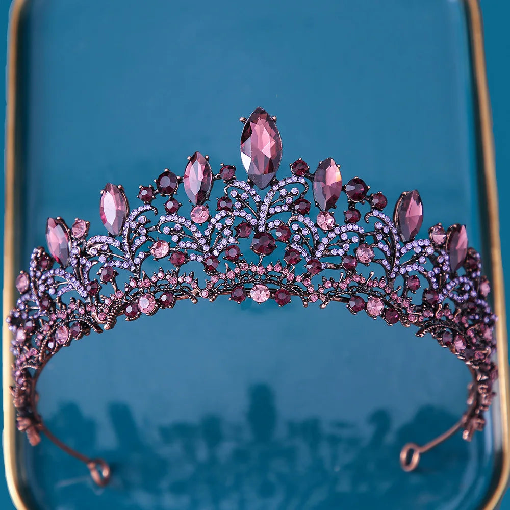Baroque Bronze Purple Crystal Heart Bridal Tiaras Crown Rhinestone Pageant Diadem Veil Tiara Headbands Wedding Hair Accessories DSERS