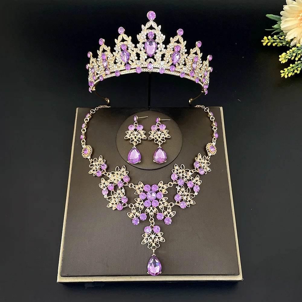 Gorgeous Pink Crystal Tiaras Bridal Jewelry Sets for Women Crown Flowers Choker Necklace Sets Wedding Bride Costume Jewelry Set - GiFTiFY