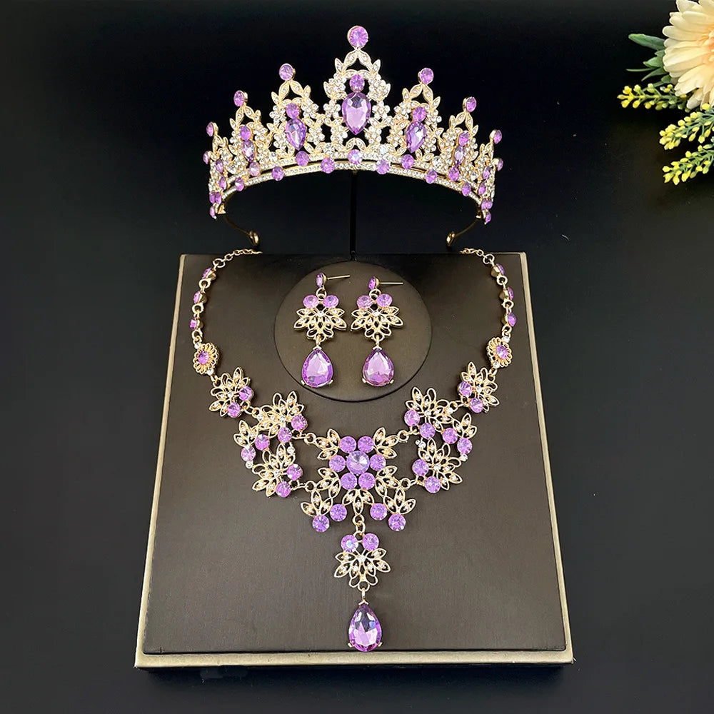 Gorgeous Pink Crystal Tiaras Bridal Jewelry Sets for Women Crown Flowers Choker Necklace Sets Wedding Bride Costume Jewelry Set GiFTiFY
