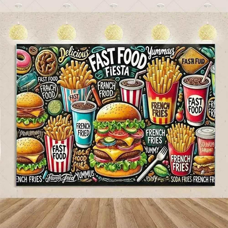 Quick Food Theme Birthday Party Decoration Hamburger French Fries Pizza Background Banner Photography Backdrop Supplies Kid Gift - GiFTiFY