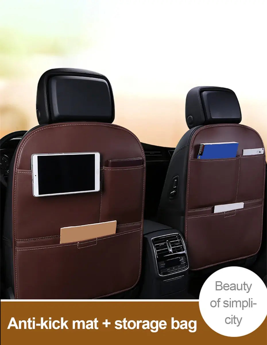 Brown Leather Car Seat Organizer Seametal Anti Kick Pad