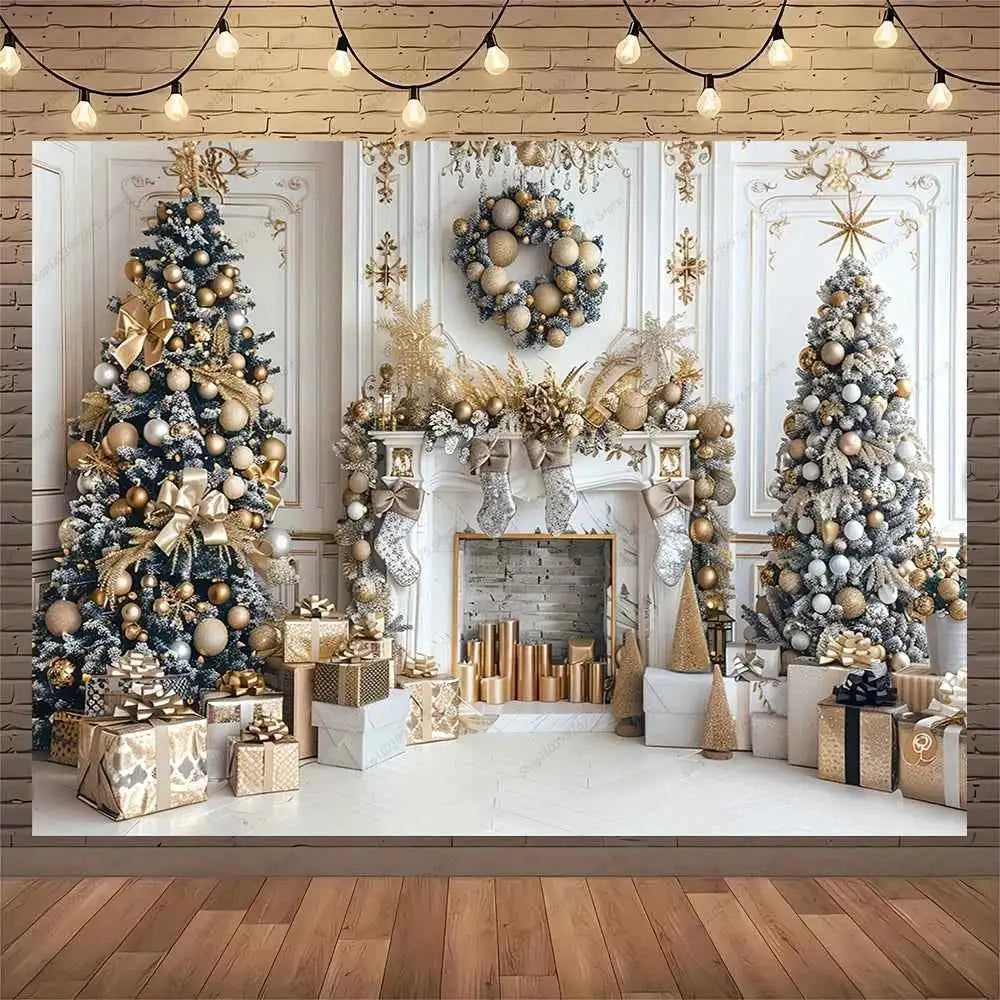 White Christmas Fireplace Background Xmas Tree Garland Gift Photography Backdrop Family Kids Holiday Party Banner Photo Studio by DSERS