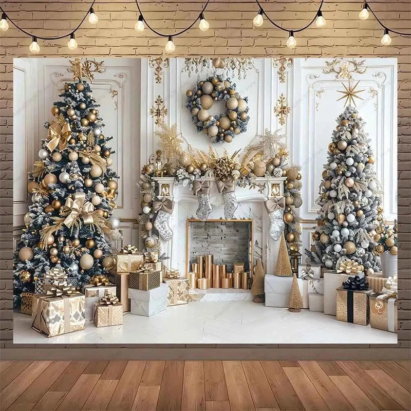 White Christmas Fireplace Background Xmas Tree Garland Gift Photography Backdrop Family Kids Holiday Party Banner Photo Studio by DSERS