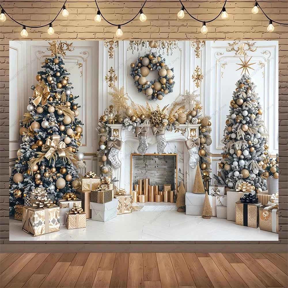 White Christmas Fireplace Background Xmas Tree Garland Gift Photography Backdrop Family Kids Holiday Party Banner Photo Studio