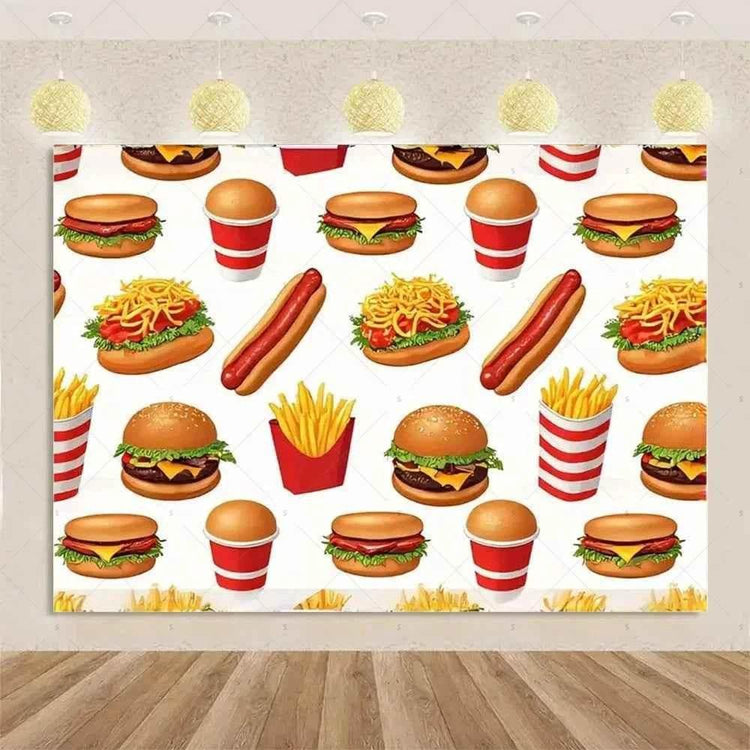 Quick Food Theme Birthday Party Decoration Hamburger French Fries Pizza Background Banner Photography Backdrop Supplies Kid Gift - GiFTiFY