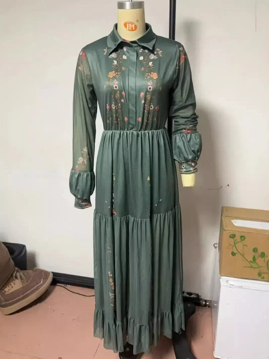 Women's Ethnic Retro Floral Print Pleated Long Dress Sexy Shirt Collar Buttons Maxi Gown for Party Fall Long Sleeve Bohemian DSERS