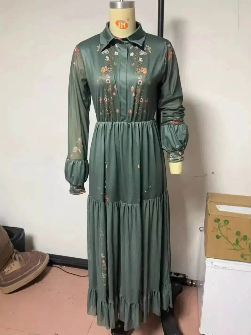 Women's Ethnic Retro Floral Print Pleated Long Dress Sexy Shirt Collar Buttons Maxi Gown for Party Fall Long Sleeve Bohemian women dress by DSERS