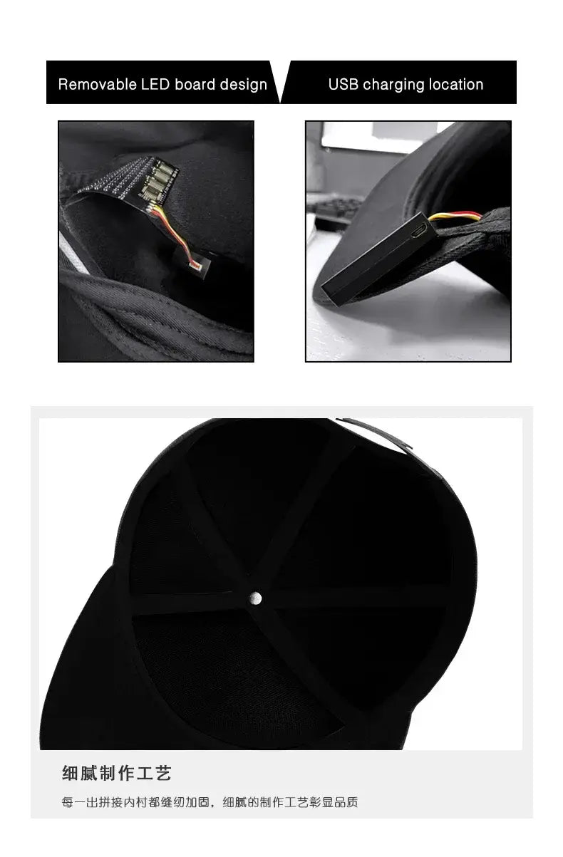 Two Black LED Message Display Baseball Cap USB Rechargeable