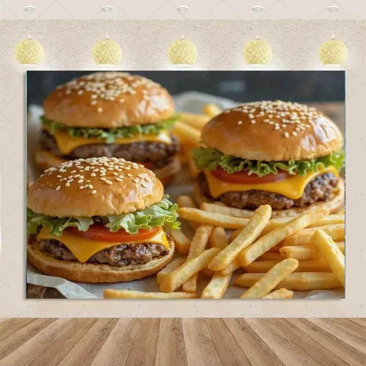 Quick Food Theme Birthday Party Decoration Hamburger French Fries Pizza Background Banner Photography Backdrop Supplies Kid Gift - GiFTiFY