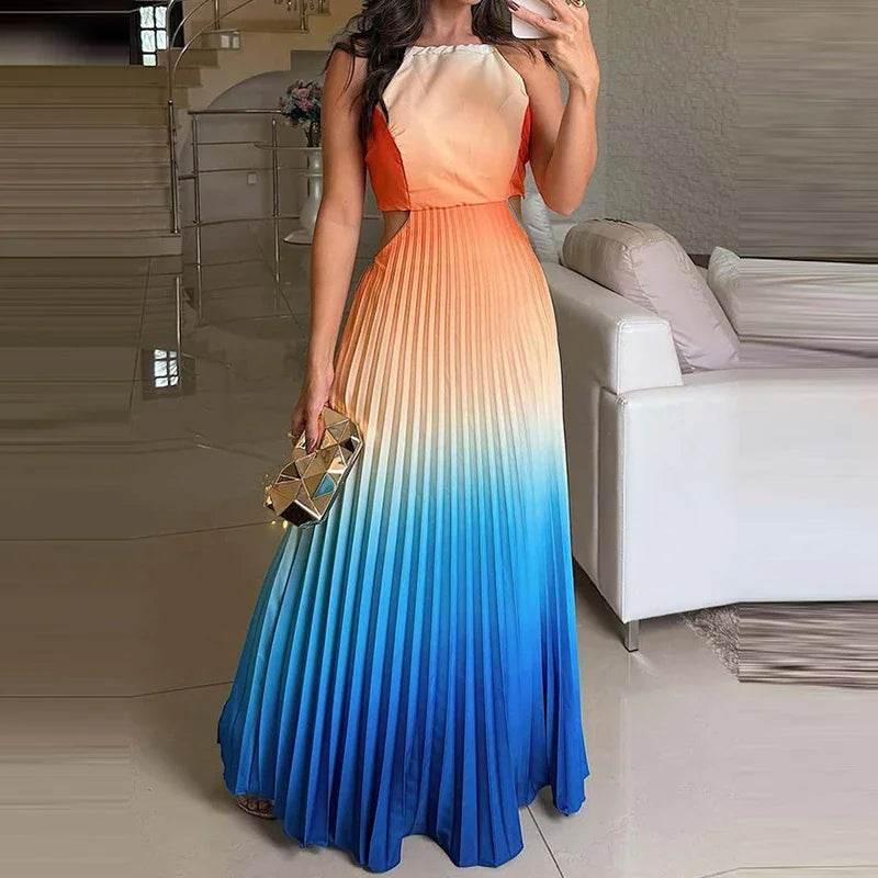 Women O-neck Lace Up Backless Holiday Dress Elegant High Waist Loose Party Dresses New Gradient Printed Pleated Long Dress - GiFTiFY