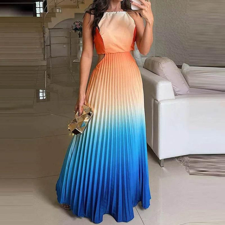 Women O-neck Lace Up Backless Holiday Dress Elegant High Waist Loose Party Dresses New Gradient Printed Pleated Long Dress - GiFTiFY