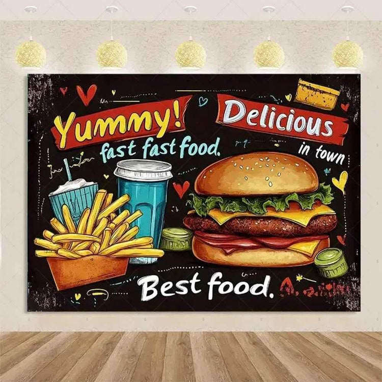 Quick Food Theme Birthday Party Decoration Hamburger French Fries Pizza Background Banner Photography Backdrop Supplies Kid Gift - GiFTiFY