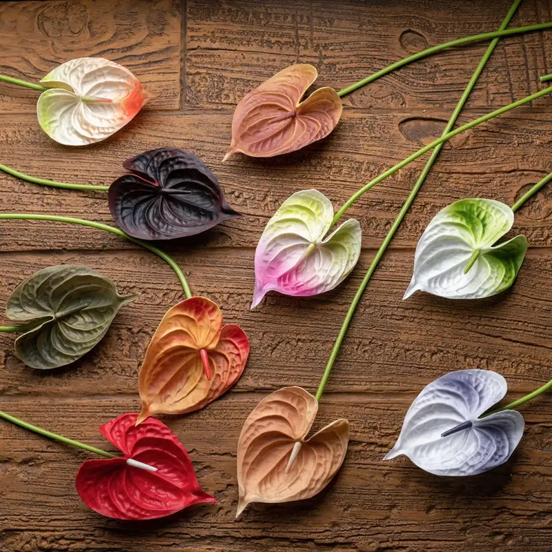 10Pc/lot PU Artificial Flowers Anthurium Bridal Bouquet Wedding Decoration Fake Palm Flowers Home Party Table Floral Arrangement by DSERS