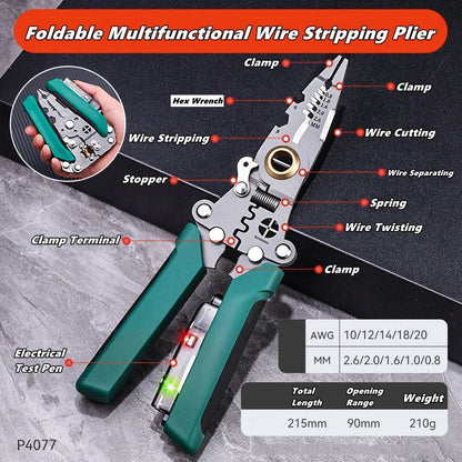 Multifunctional Wire Stripper with Electrical Test Pen Foldable Cable Cutter Crimper Tool, Electrical Folding Pliers for Cutting GiFTiFY