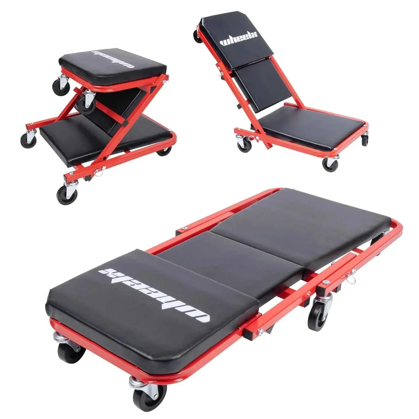 3-in-1 Rolling Mechanic Creeper Z Seat, Foldable Garage Chair Lay Down Sit Lean Back, Under Car Shop Auto Repair, Red Black DSERS